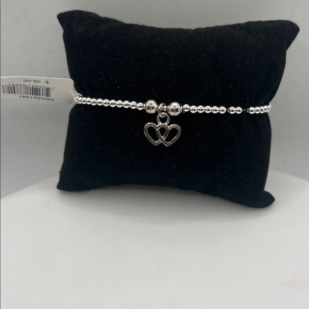 Bead Double Heart Charm Bracelet in Silver Plate 6 1/2” 6.5 inches - Picture 2 of 4